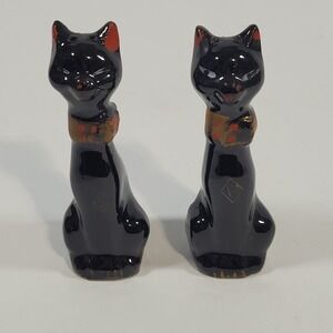 Vintage Black Cat Salt and Pepper Shakers Mid Century Modern Ceramic Red Trim